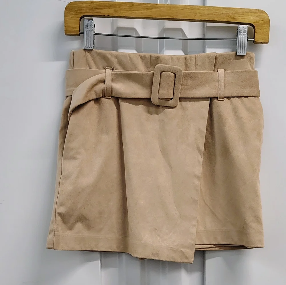 NWT ZARA TAWNY FAUX SOFT SUEDE BELTED HIGH WAIST WRAP SKIRT SKORT WOMEN'S Sz S